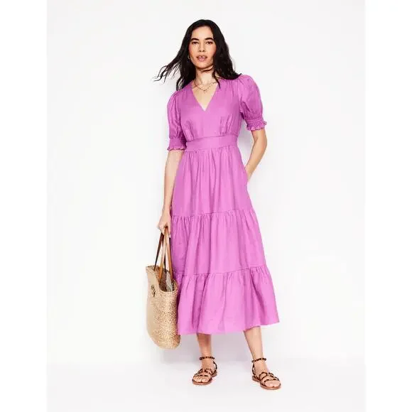 Boden | Dresses | Boden Anna Linen Tiered Midi Dress Womens 2 Foxglove  Purple Prairie Romantic | Poshmark